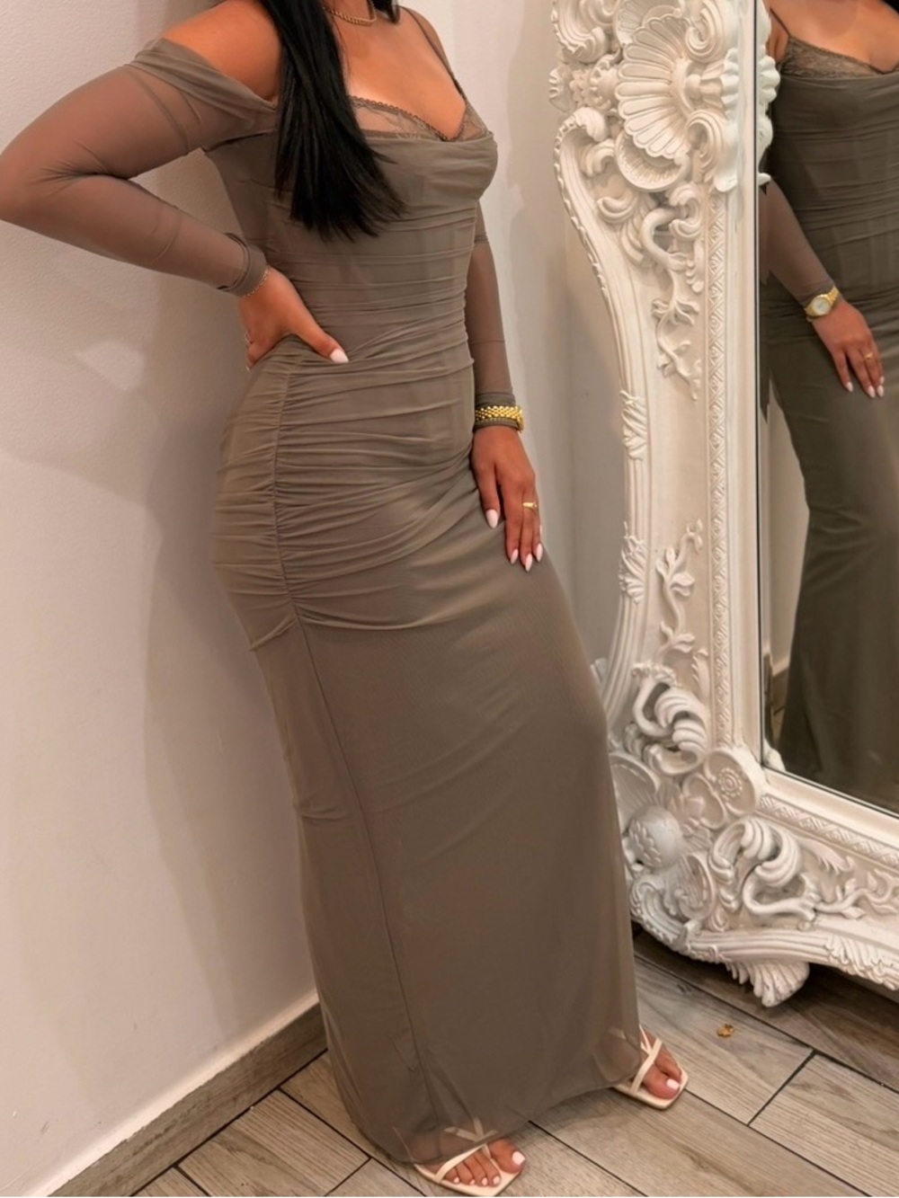 House of CB Olive-Taupe Off-Shoulder Ruched Maxi Dress - Picture 3 of 6